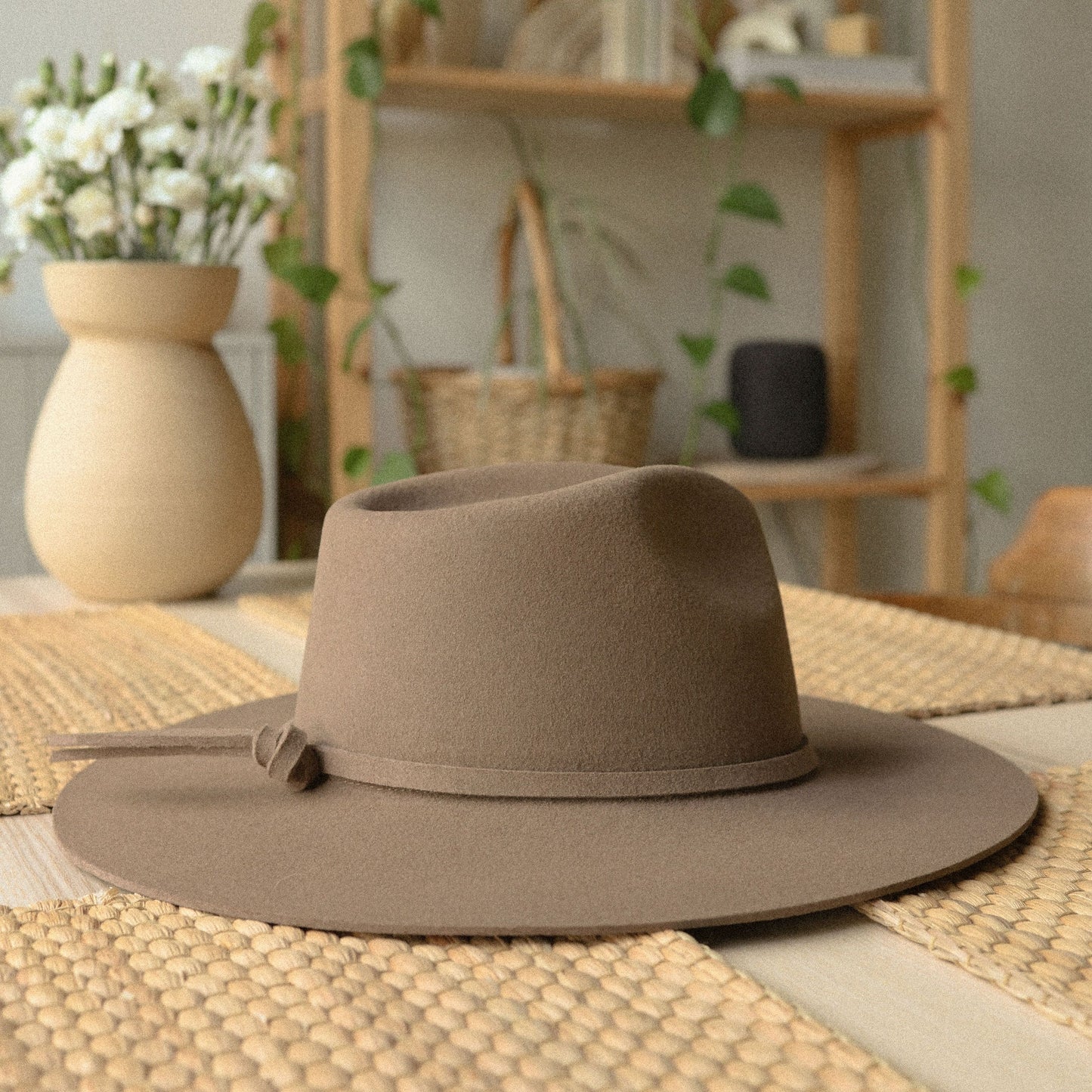 Wide-Brim Teardrop Wool Felt Hat in Taupe