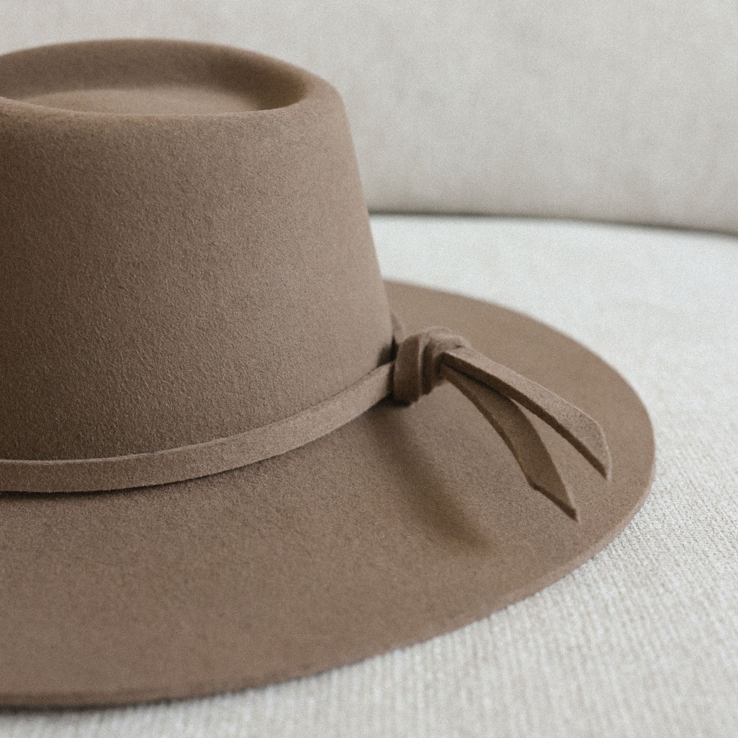 Wide-Brim Teardrop Wool Felt Hat in Taupe